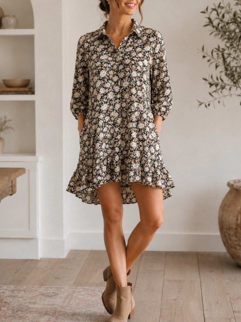 Floral Button Front Ruffle Tunic Dress Pockets High Low Boho Code x Mode S